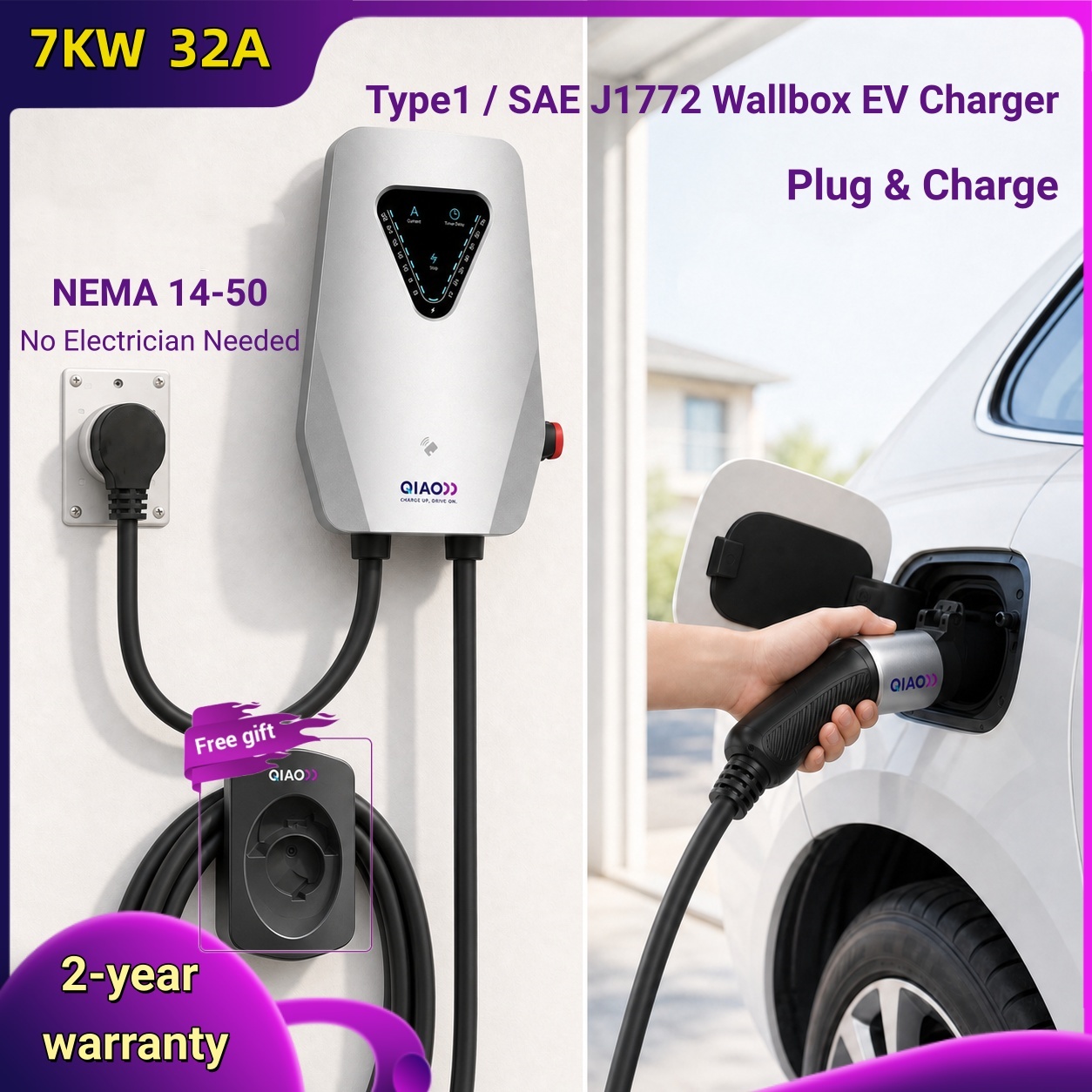 J1772 Evse 32A Level 2 Charger - 7KW 32A 타입1 SAE J1772 월박스