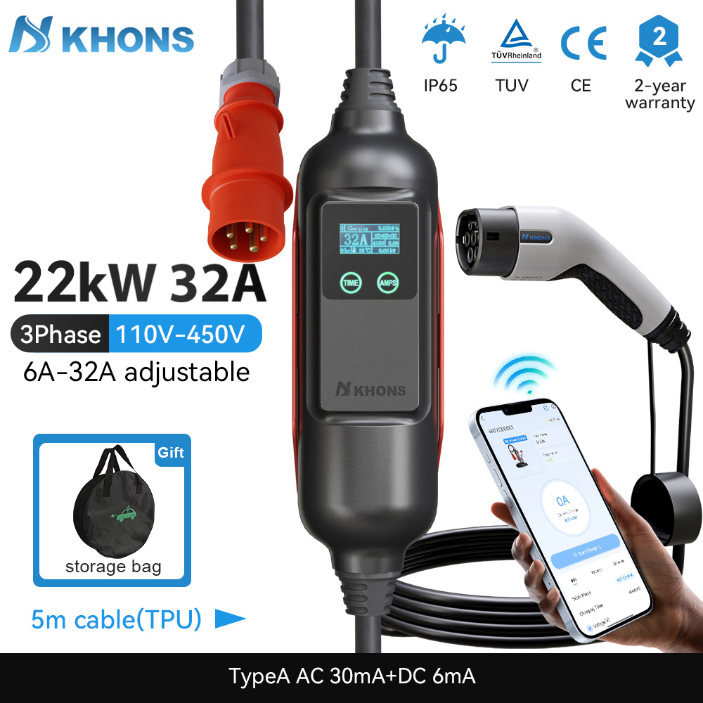 Khons 휴대용 EV 충전기, EV 충전 WIFI-A - Ev Charger Type 2 22Kw 32A 3 Phase 리뷰 및 가격